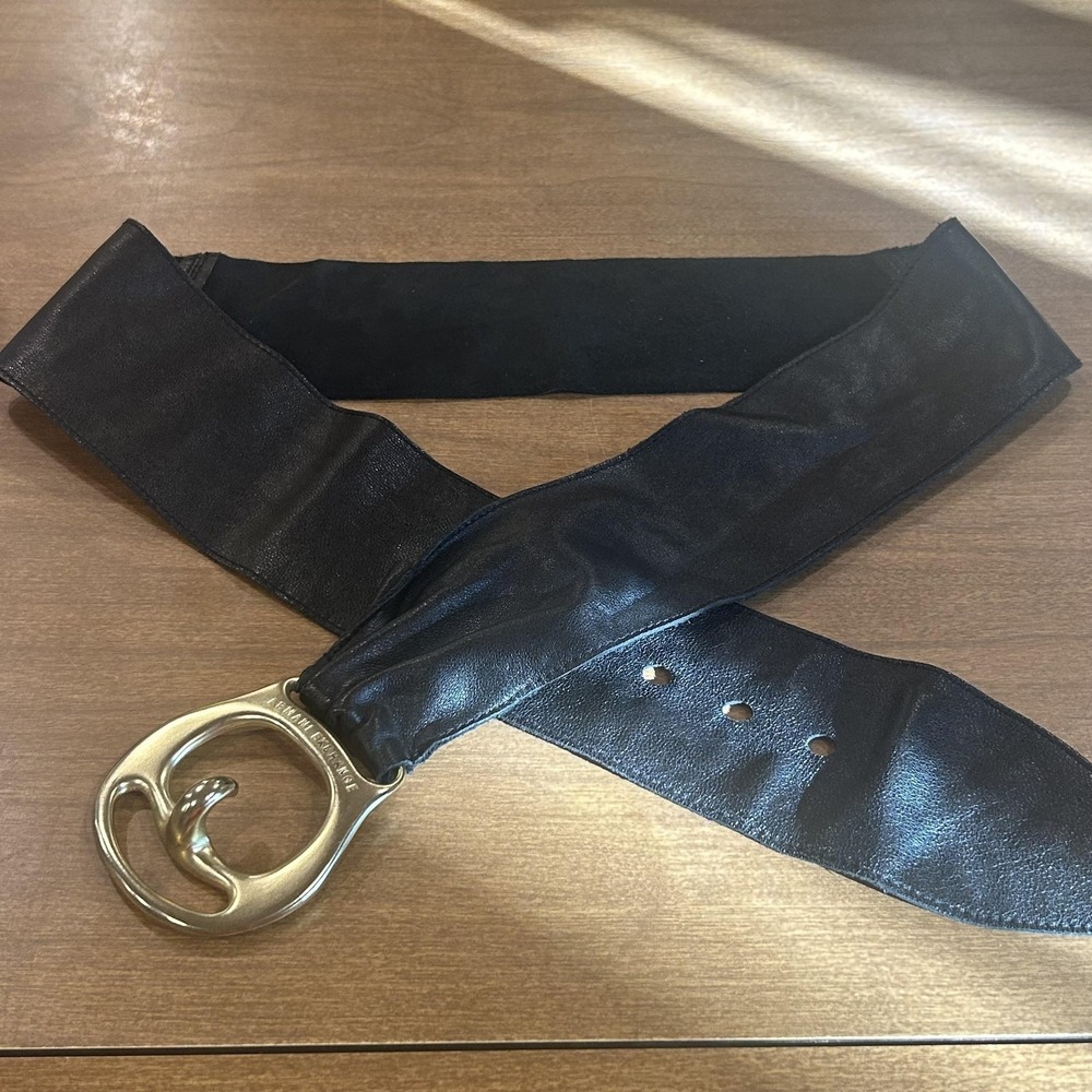 Armani Exchange Belt Womens Medium Black Genuine Leather Wide Waist Logo Buckle